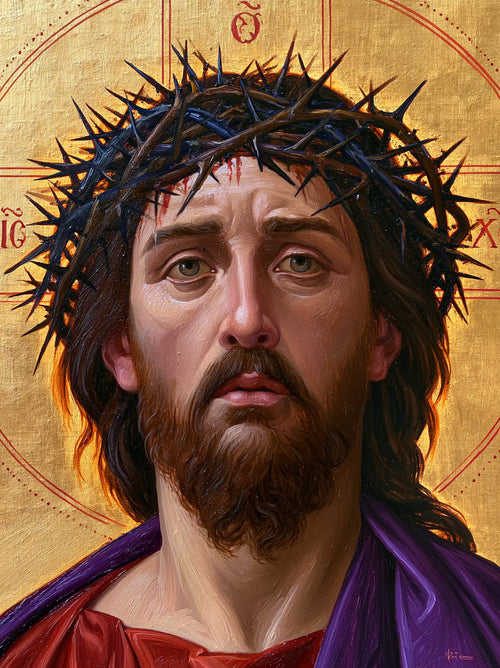 Jesus crowned with thorns in a contemporary Byzantine icon in Contemporary Byzantine style, portrait Christian artwork no. 14