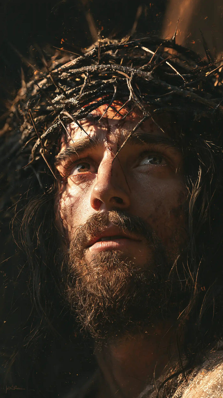Jesus Crowned with Thorns — Uplifted Eyes beneath Black Wood