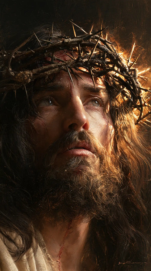 Jesus crowned with thorns as divine light in suffering in Jesus as Divine Light in Suffering style, portrait Christian artwork no. 7