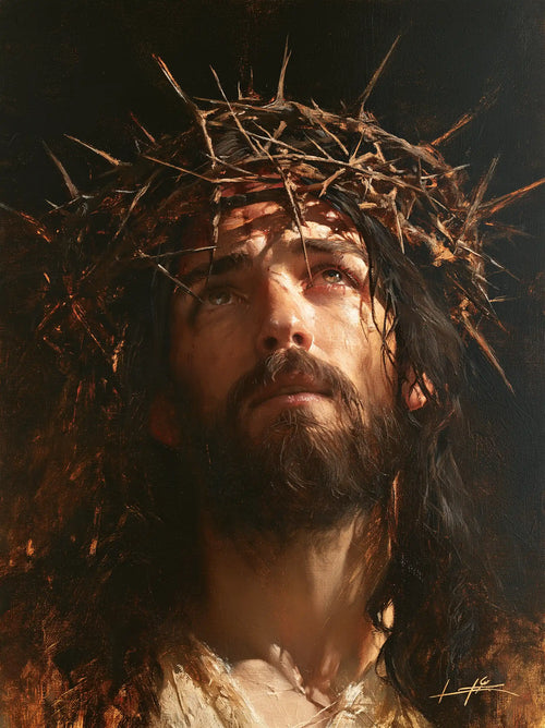 Jesus crowned with thorns as divine light in suffering in Jesus as Divine Light in Suffering style, portrait Christian artwork no. 13