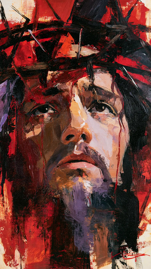 Jesus crowned with thorns in an expressionist composition in Expressionist style, portrait Christian artwork no. 5