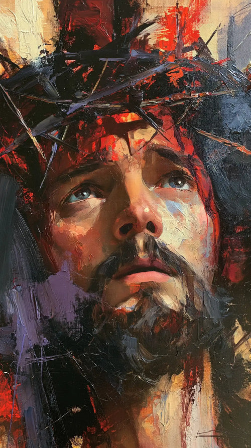 Jesus crowned with thorns in an expressionist composition in Expressionist style, portrait Christian artwork no. 7