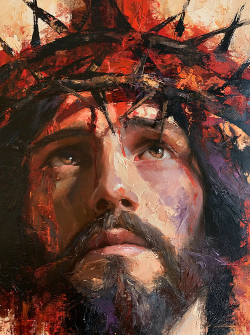 Jesus crowned with thorns in an expressionist composition in Expressionist style, portrait Christian artwork no. 9