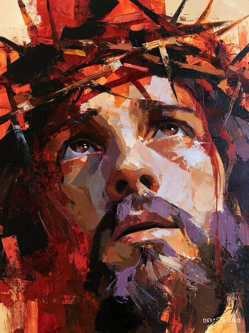 Jesus crowned with thorns in an expressionist composition in Expressionist style, portrait Christian artwork no. 13