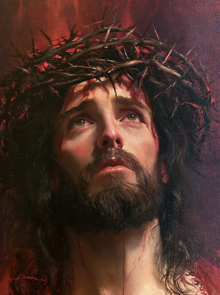 Jesus Crowned with Thorns — The Pale Neck in Wine-Colored Mist
