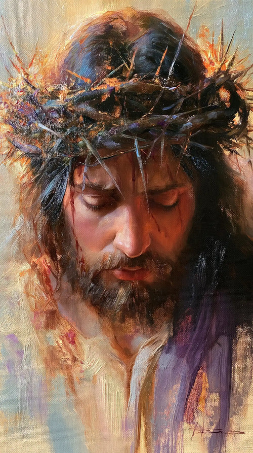 Jesus crowned with thorns in an impressionist atmosphere in Impressionist style, portrait Christian artwork no. 1