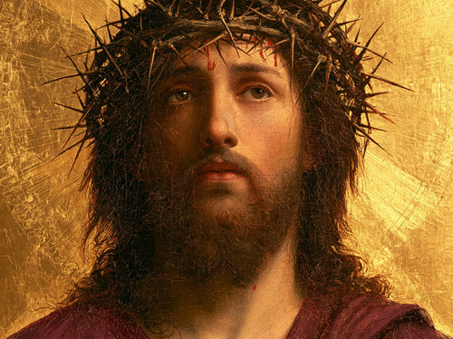 Jesus crowned with thorns in radiant sacred gold in Sacred Gold style, landscape Christian artwork no. 14