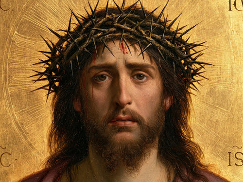 Jesus crowned with thorns in radiant sacred gold in Sacred Gold style, landscape Christian artwork no. 15