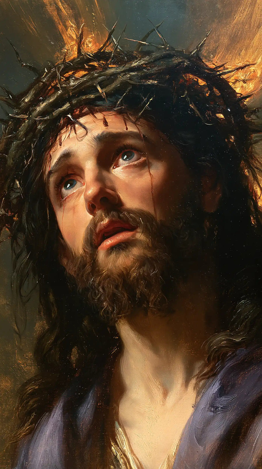 Jesus Crowned with Thorns — Pale Eyes beneath Flaming Brambles
