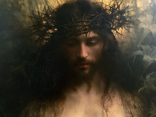 Jesus crowned with thorns in a symbolist composition in Symbolist style, landscape Christian artwork no. 4