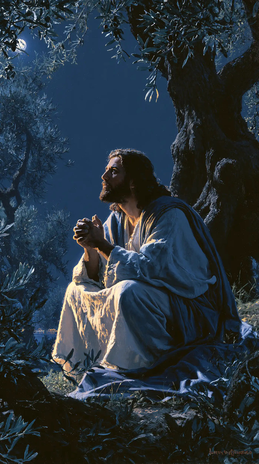 Jesus in Gethsemane — Prayer beside Moonlit Bark