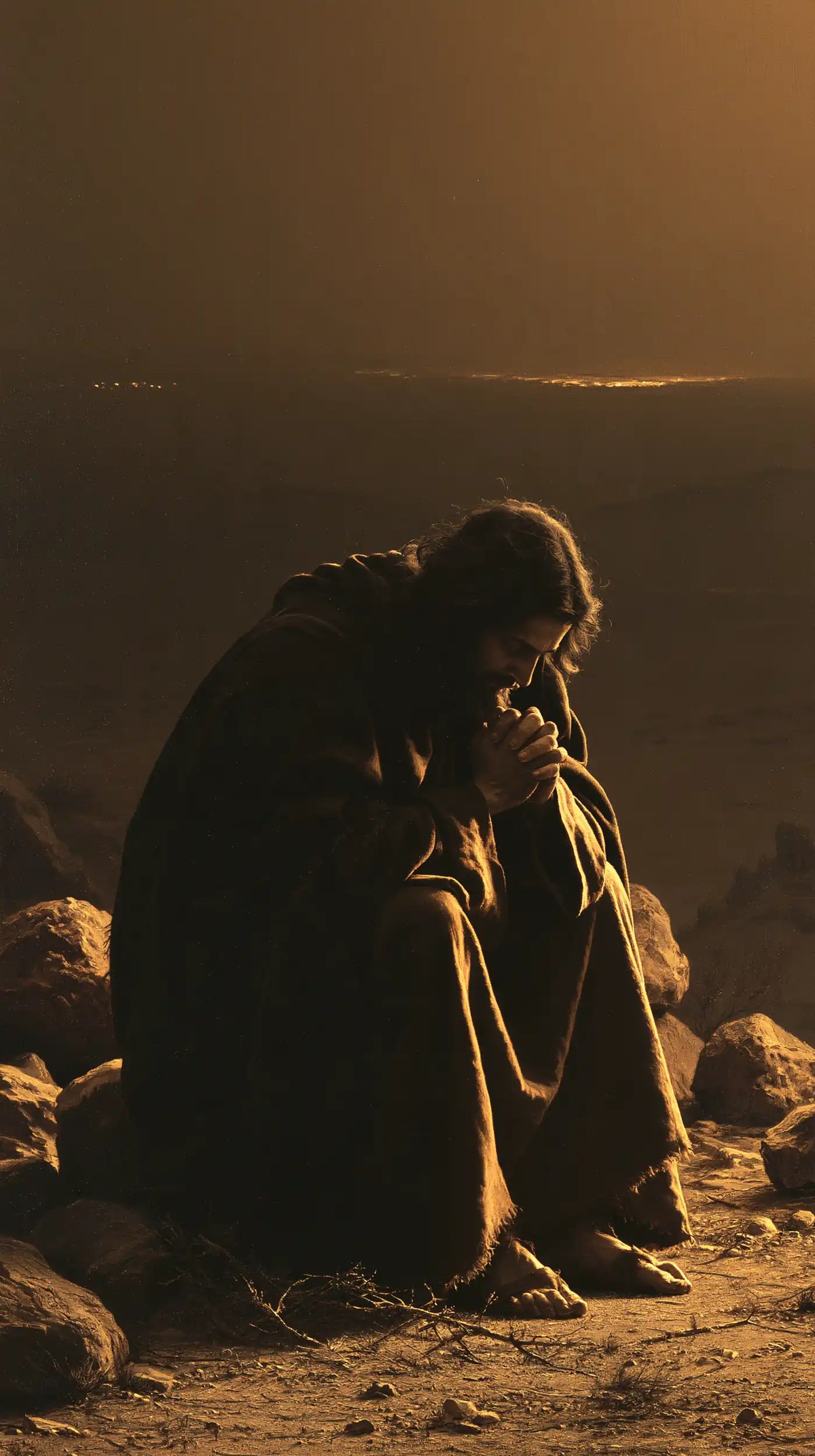 Jesus in the desert during the temptation in Black and Gold style, portrait Christian artwork no. 1
