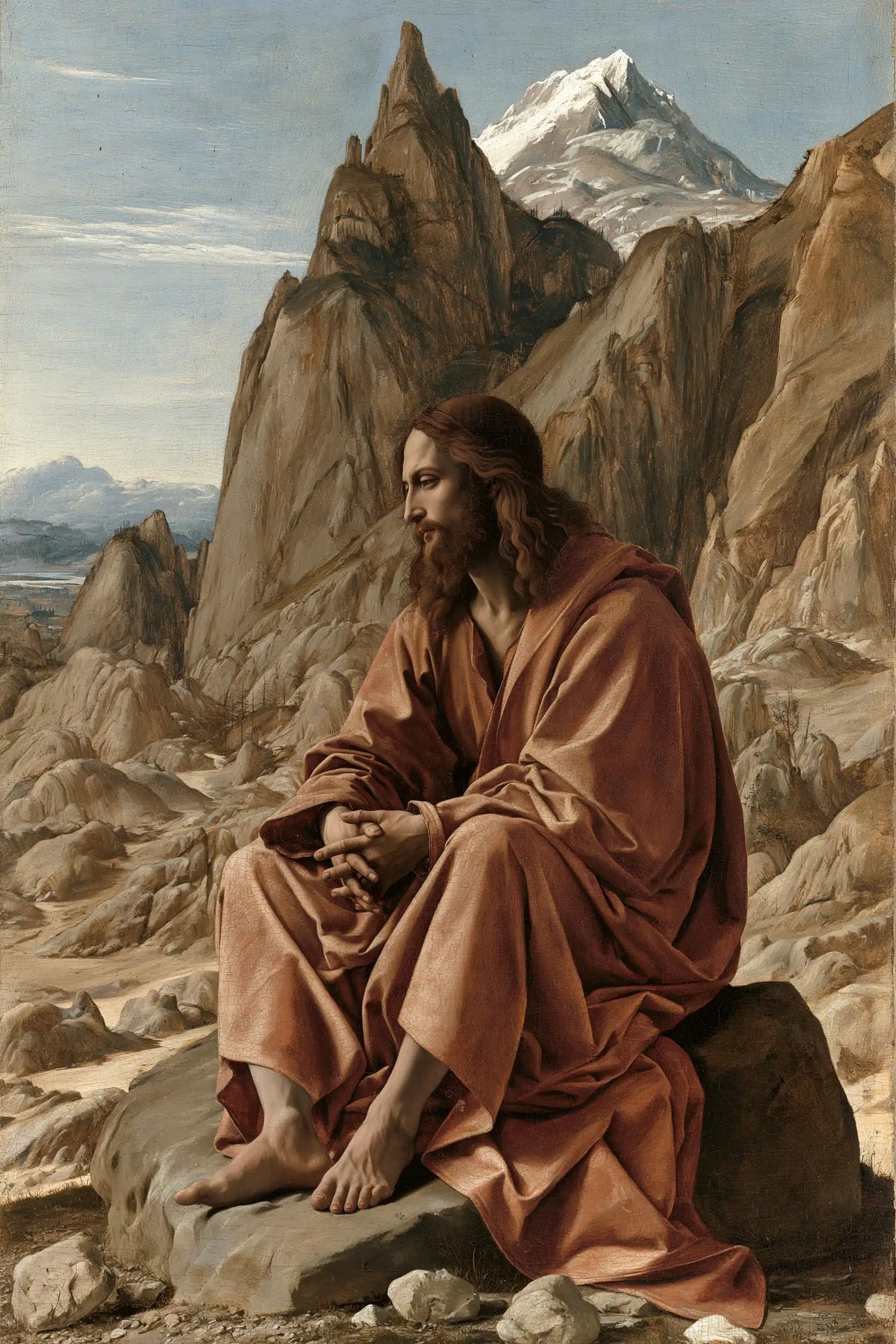 Jesus in the desert during the temptation in Florentine Renaissance style, portrait Christian artwork no. 32