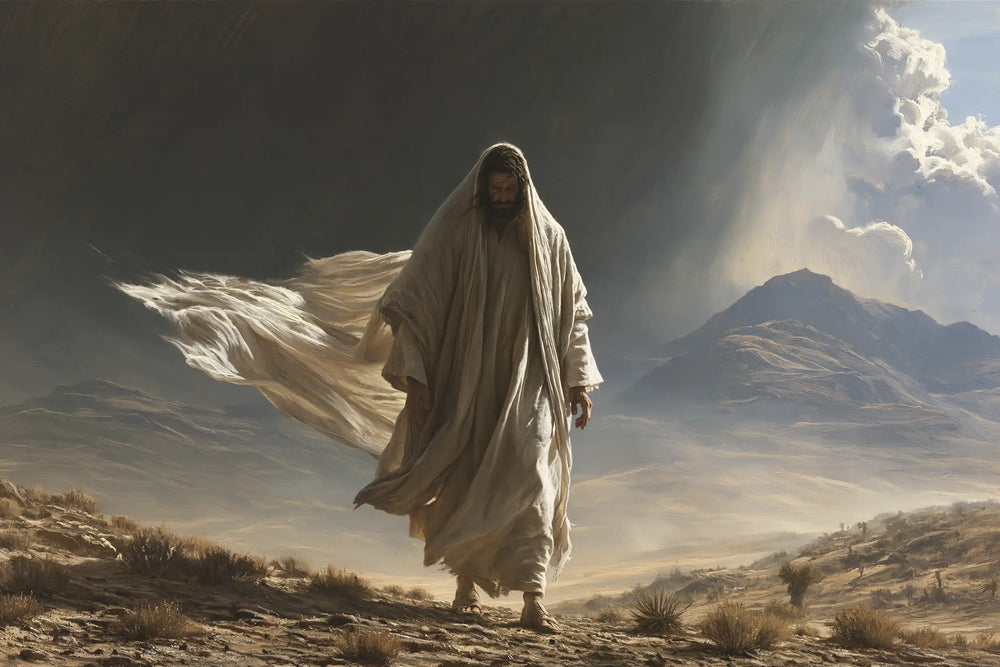 Jesus confronting an inner spiritual struggle in the desert in The Inner Struggle style, landscape Christian artwork no. 13