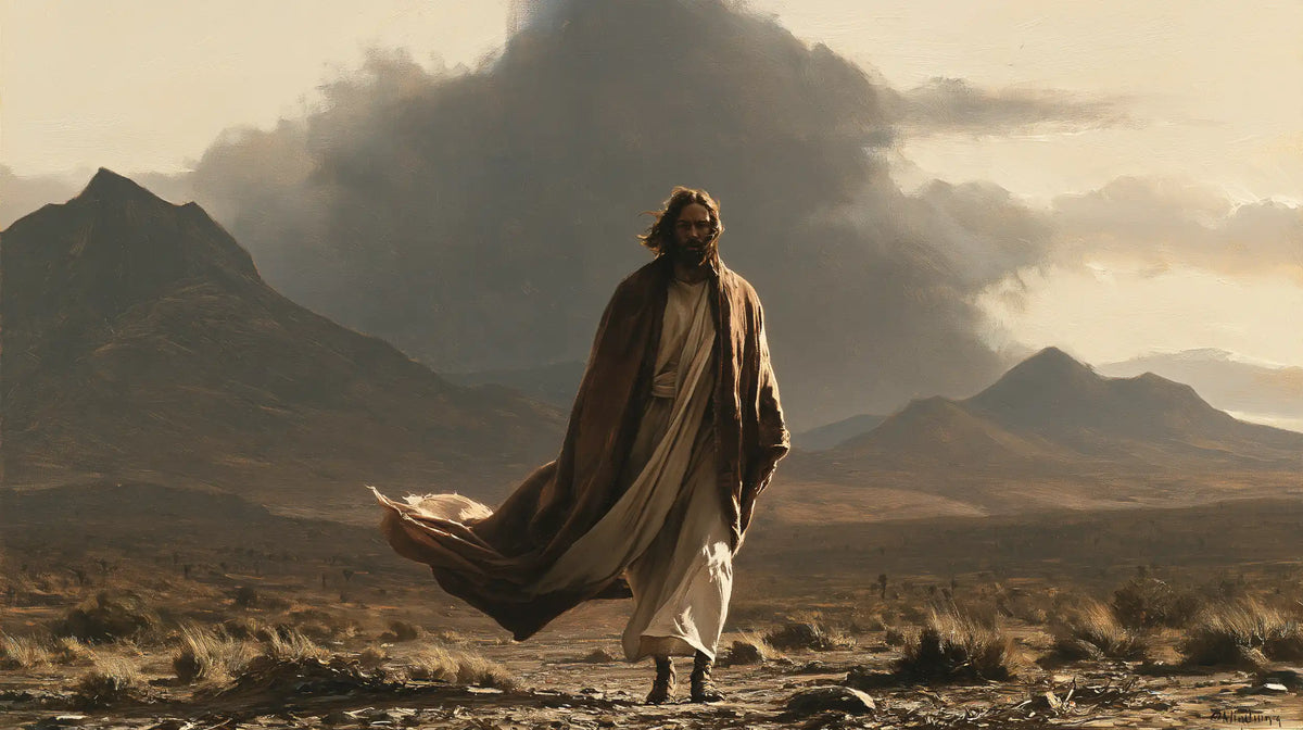 Jesus in the Desert — The Solitary Stride Beneath the Ash Cloud