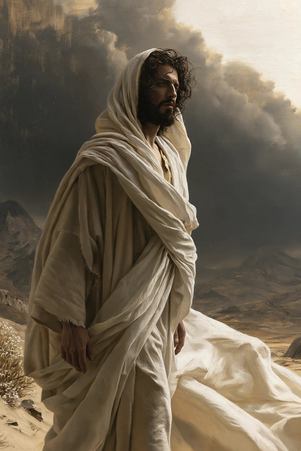 Jesus confronting an inner spiritual struggle in the desert in The Inner Struggle style, portrait Christian artwork no. 30
