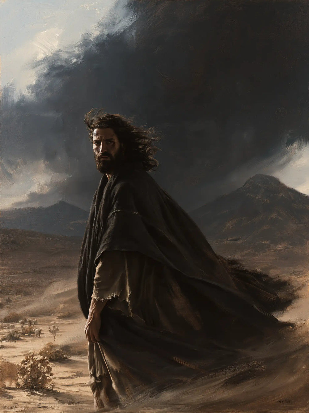 Jesus confronting an inner spiritual struggle in the desert in The Inner Struggle style, portrait Christian artwork no. 34