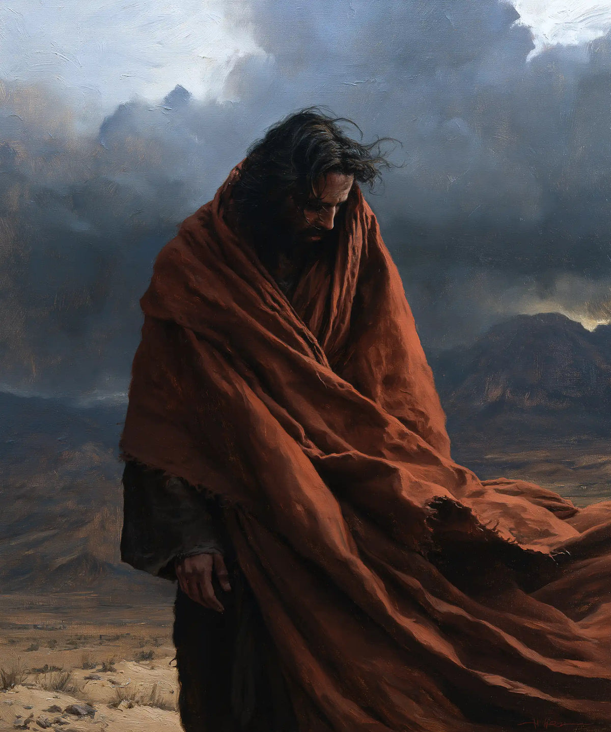 Jesus in the Desert — Contemplation beneath Dark Crimson