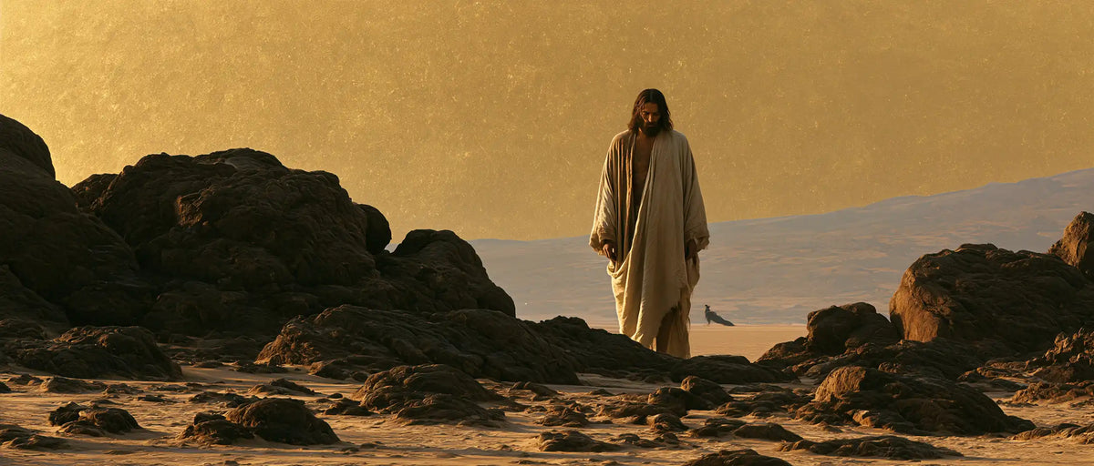 Jesus in the desert during the temptation in Sacred Gold style, landscape Christian artwork no. 18