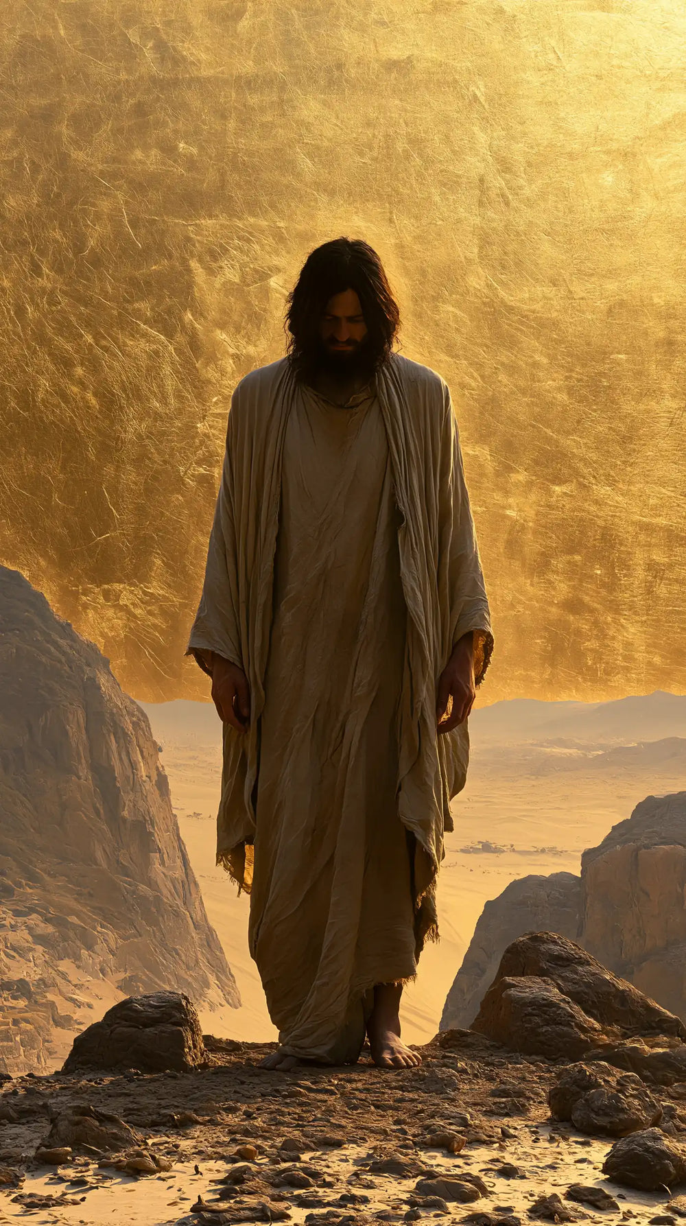 Jesus in the desert during the temptation in Sacred Gold style, portrait Christian artwork no. 19