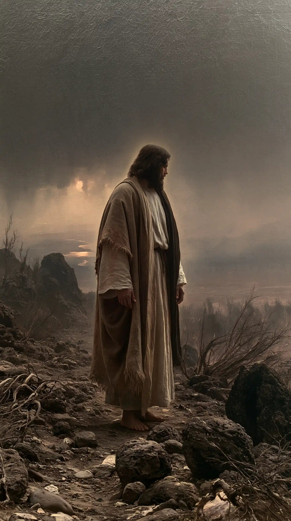 Jesus in the desert during the temptation in Symbolist style, portrait Christian artwork no. 12