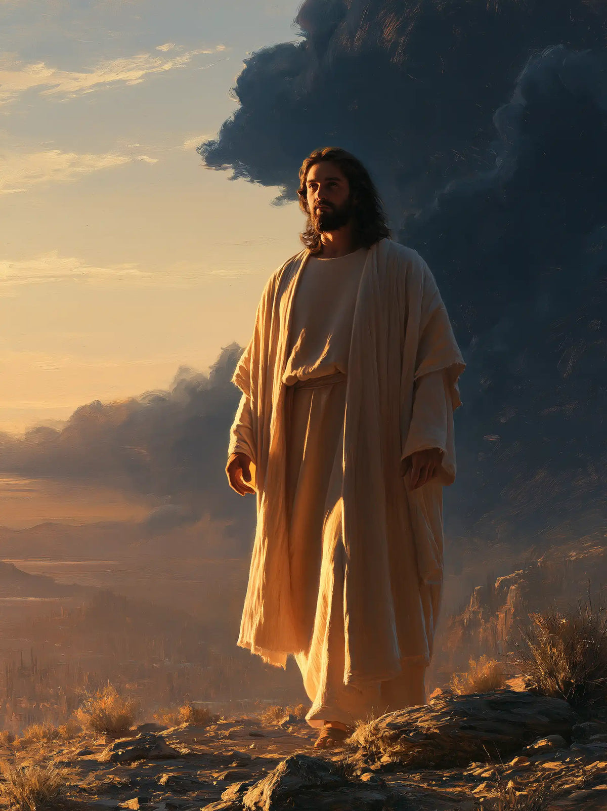 Jesus after his victory over temptation in the desert in Victory Over Temptation style, portrait Christian artwork no. 30