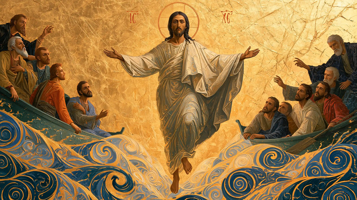 Jesus walking on water in Contemporary Byzantine style, landscape Christian artwork no. 10