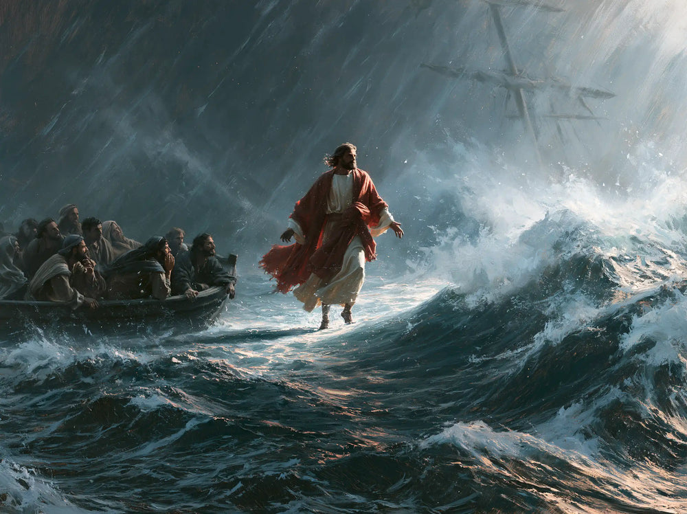 Jesus walking on water in Explosion of Movement style, landscape Christian artwork no. 8