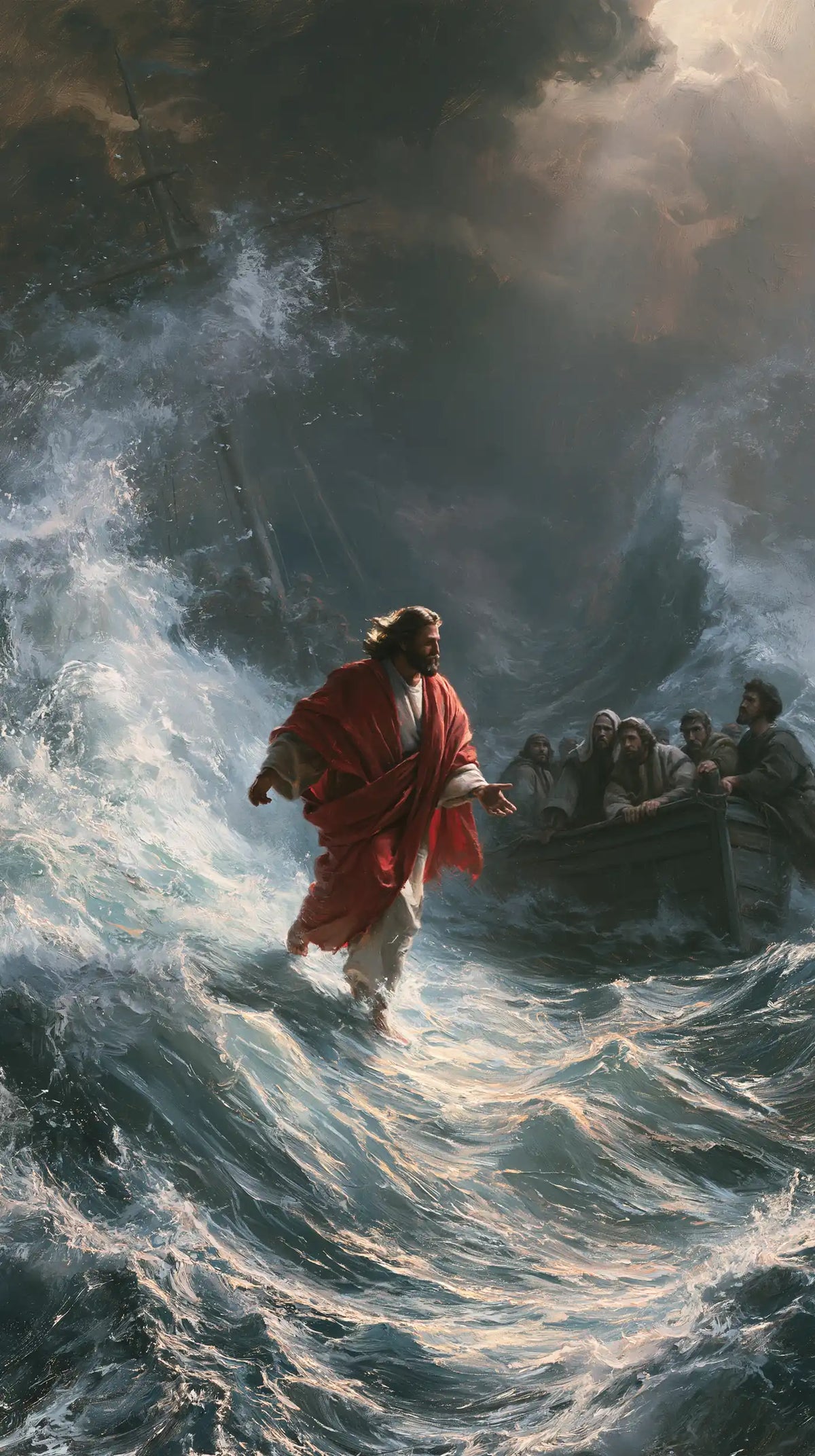 Jesus walking on water in Explosion of Movement style, portrait Christian artwork no. 21