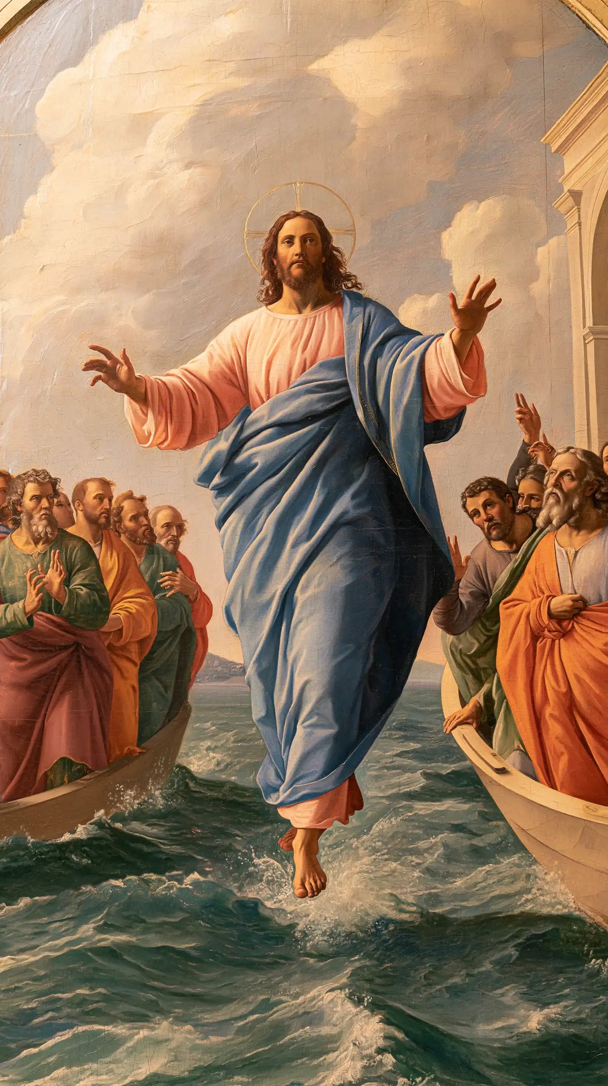 Jesus Walking on Water — Raised Hands between Ochre Hulls