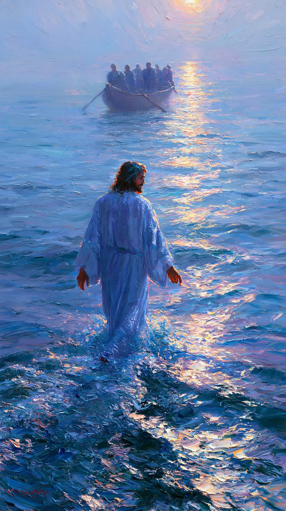 Jesus walking on water in Impressionist style, portrait Christian artwork no. 11