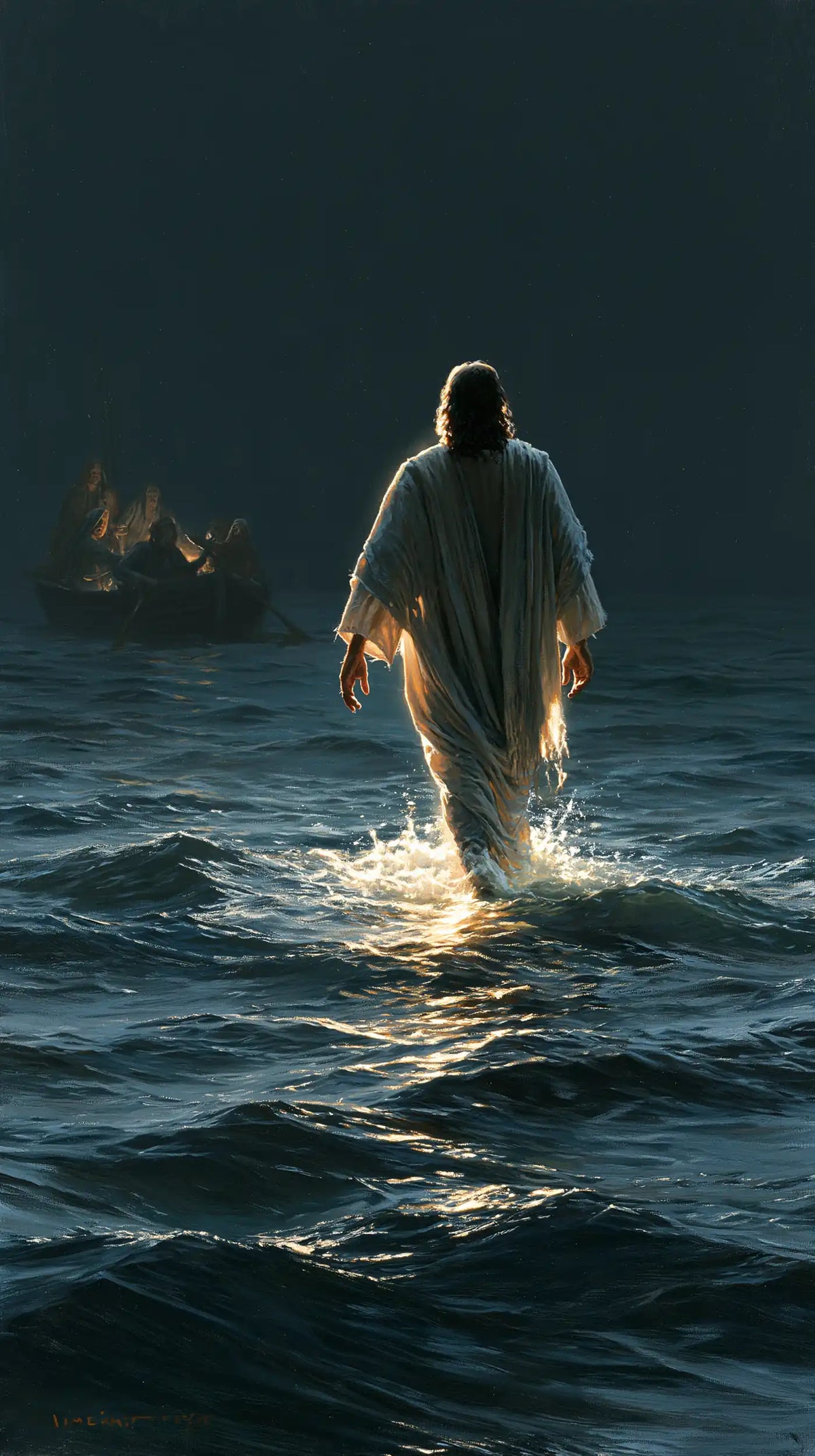 Jesus Walking on Water — The Golden Step beneath the Starless Sky