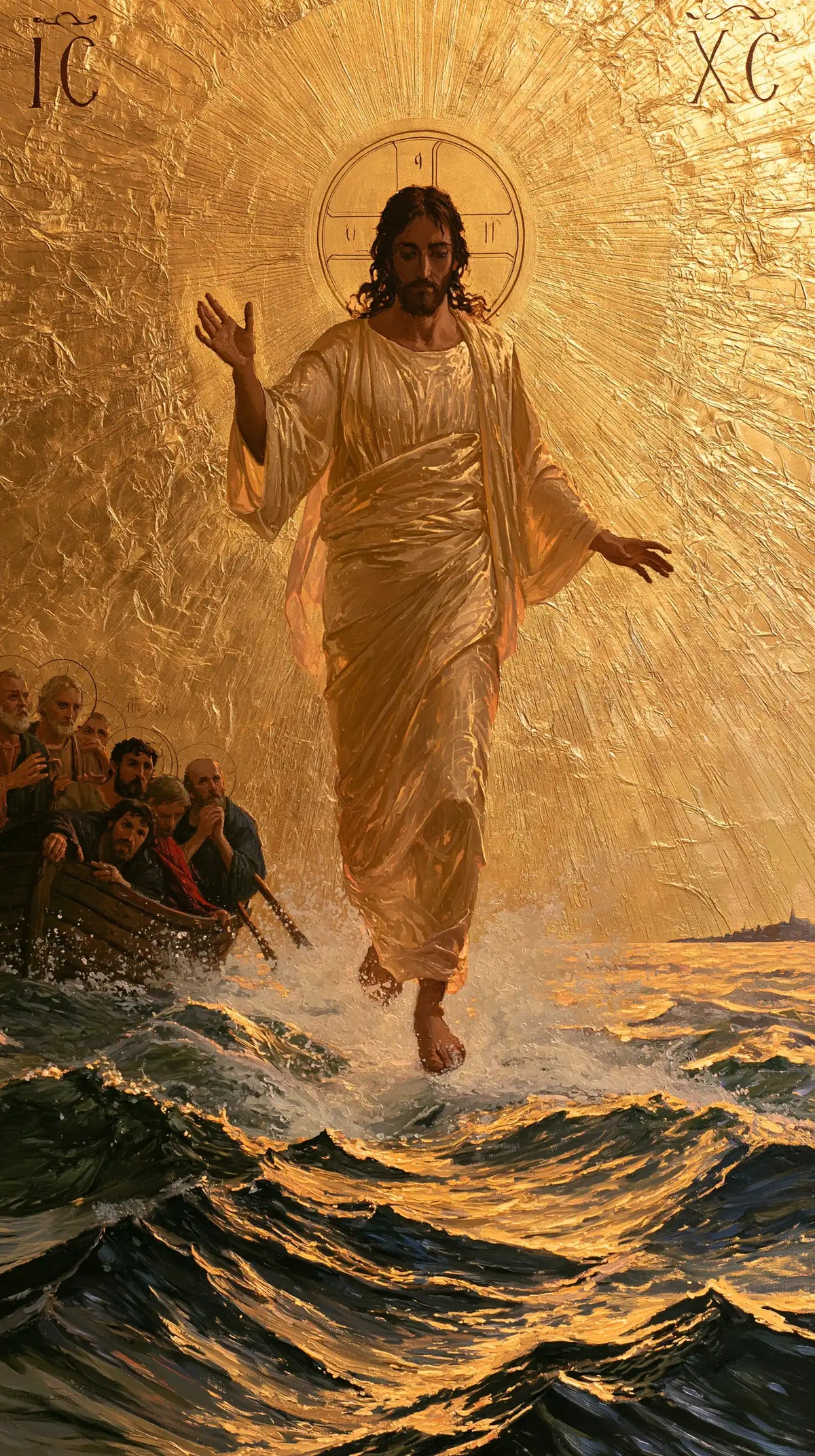 Jesus walking on water in Sacred Gold style, portrait Christian artwork no. 19