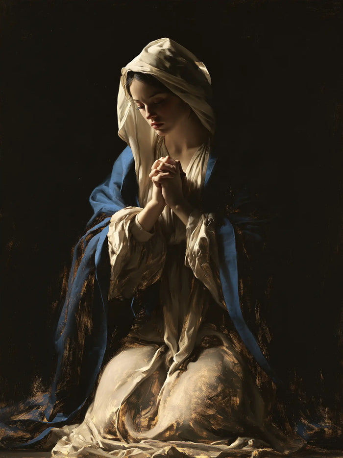Virgin Mary in Prayer — Linen in the Deep Night