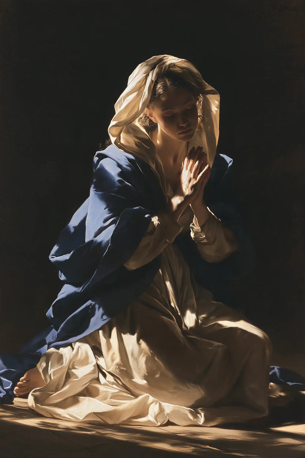 Virgin Mary in Prayer — Palms in a Shaft of Light