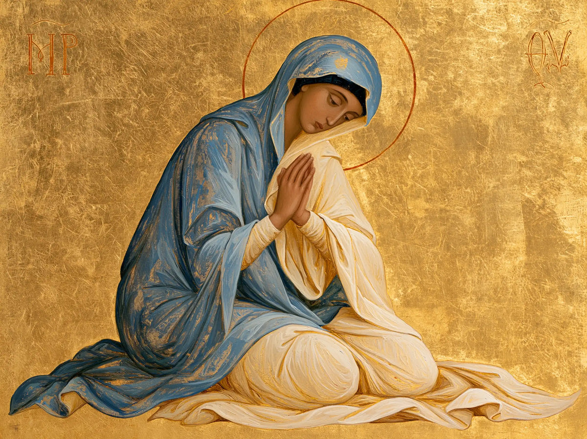 Virgin Mary in Prayer — Bowing within the Sacred Circle