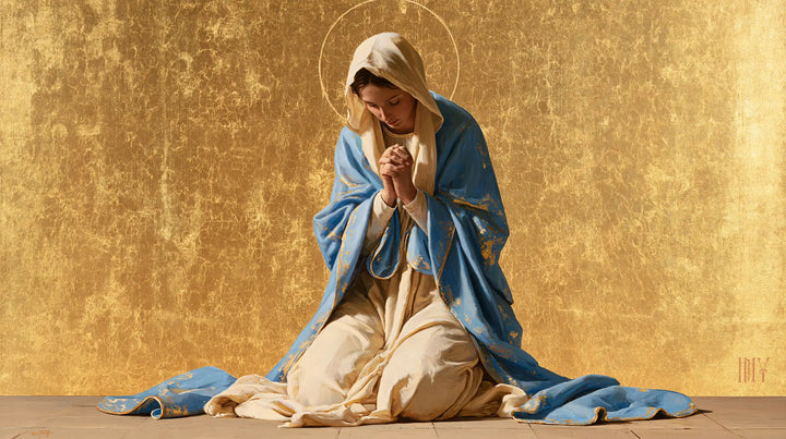 Virgin Mary in Prayer — The Humble Figure in the Golden Expanse