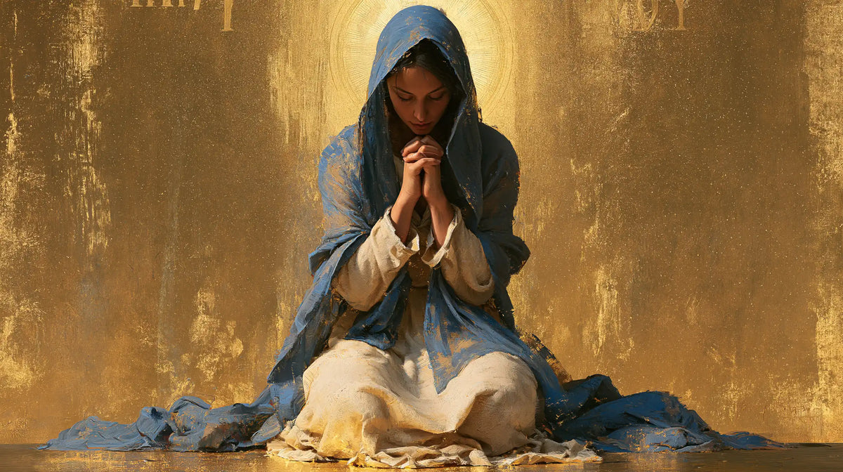 Virgin Mary in Prayer — Blue Gathered beneath the Halo