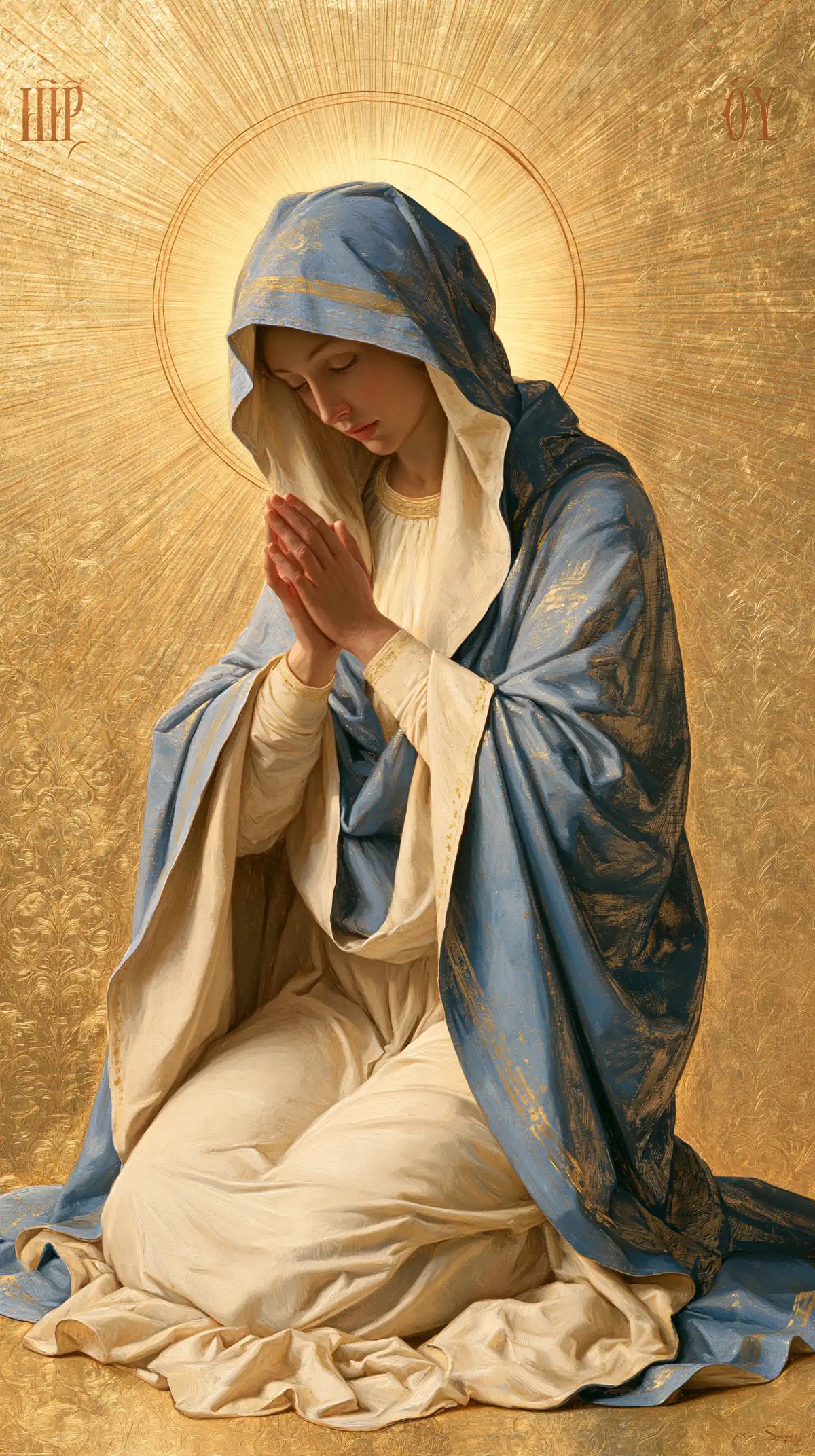Virgin Mary in Prayer — The Flowered Cloak beneath the Sun