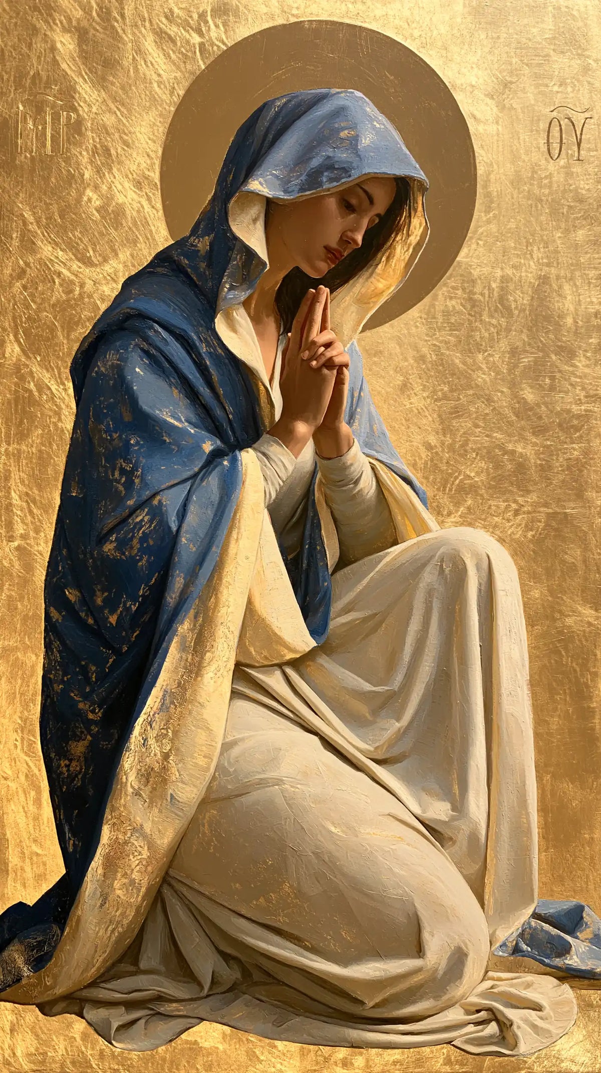 Virgin Mary in Prayer — The Ivory Knee beneath the Dark Halo