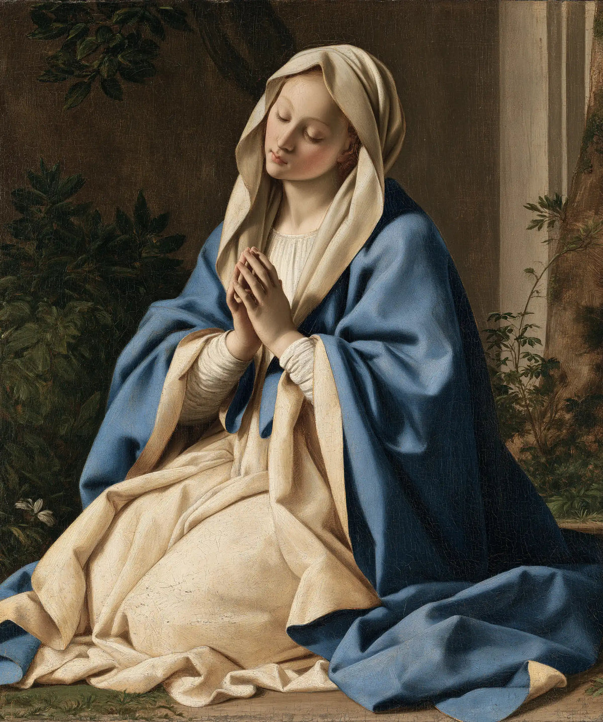 Virgin Mary in Prayer — Quietude beside the Leaves
