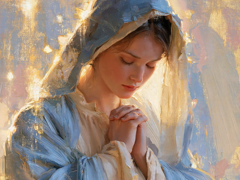 the Virgin Mary in prayer in Impressionist style, landscape Christian artwork no. 6