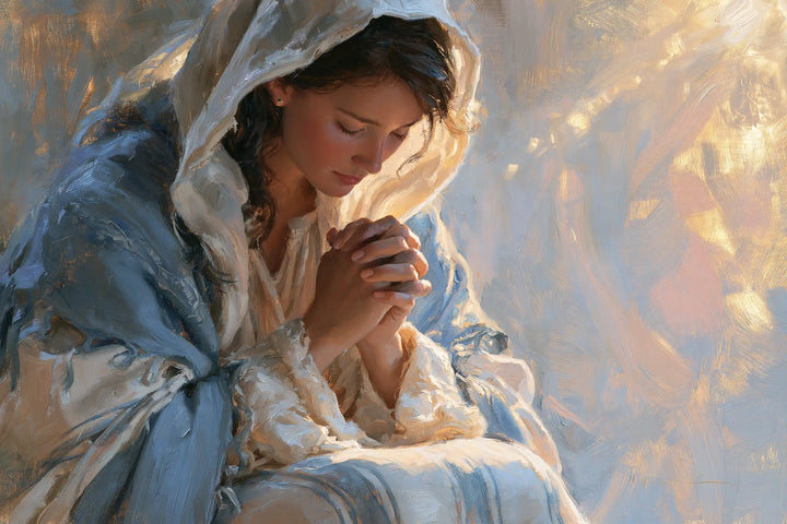 Virgin Mary in Prayer — Hands above Pearly Blue
