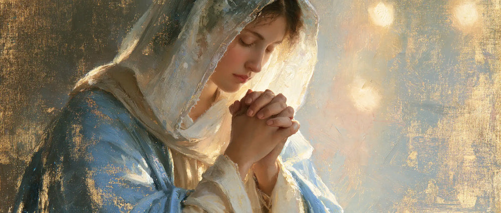 the Virgin Mary in prayer in Impressionist style, landscape Christian artwork no. 18