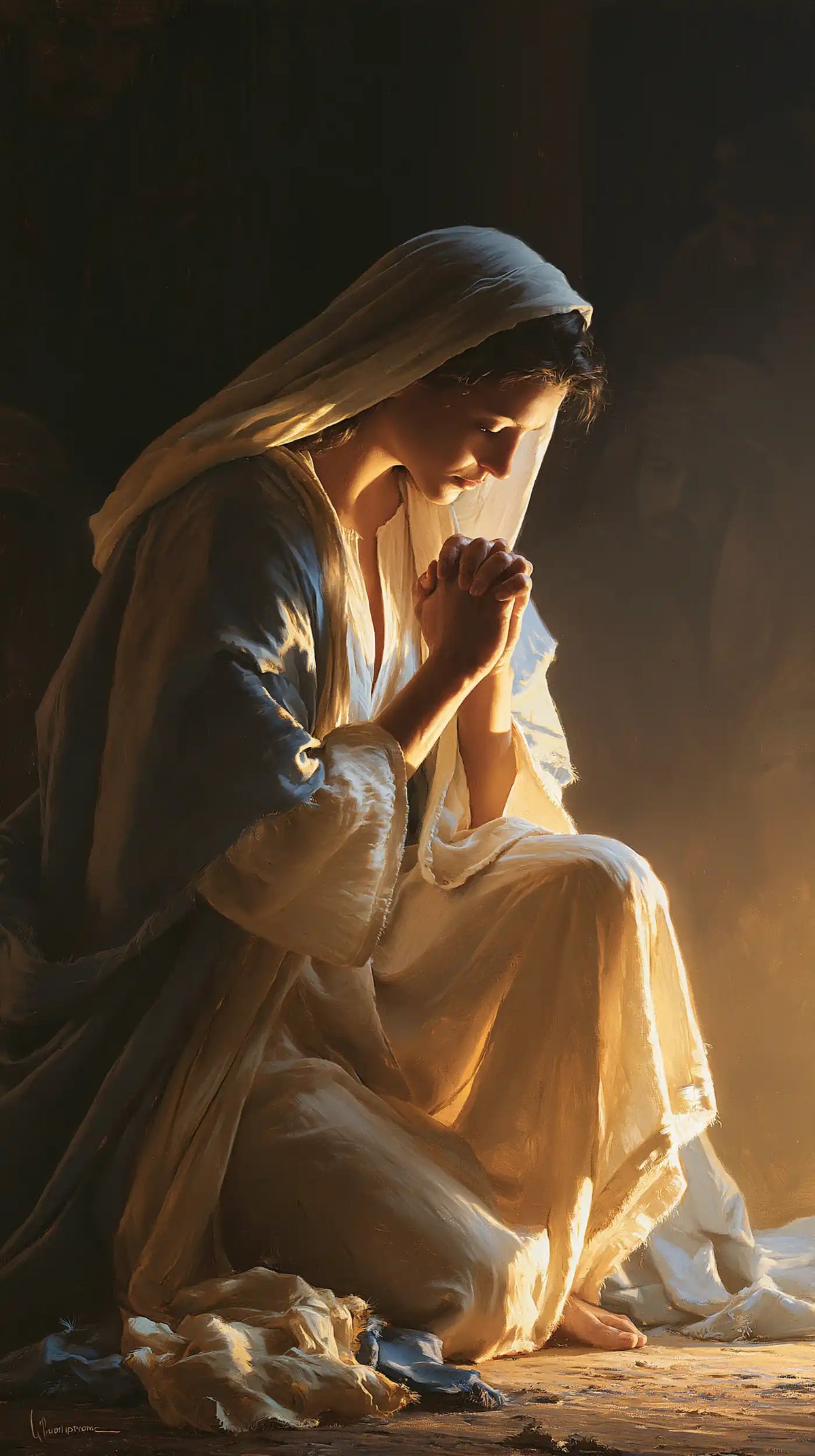 Virgin Mary in Prayer — The Knee in Copper Light