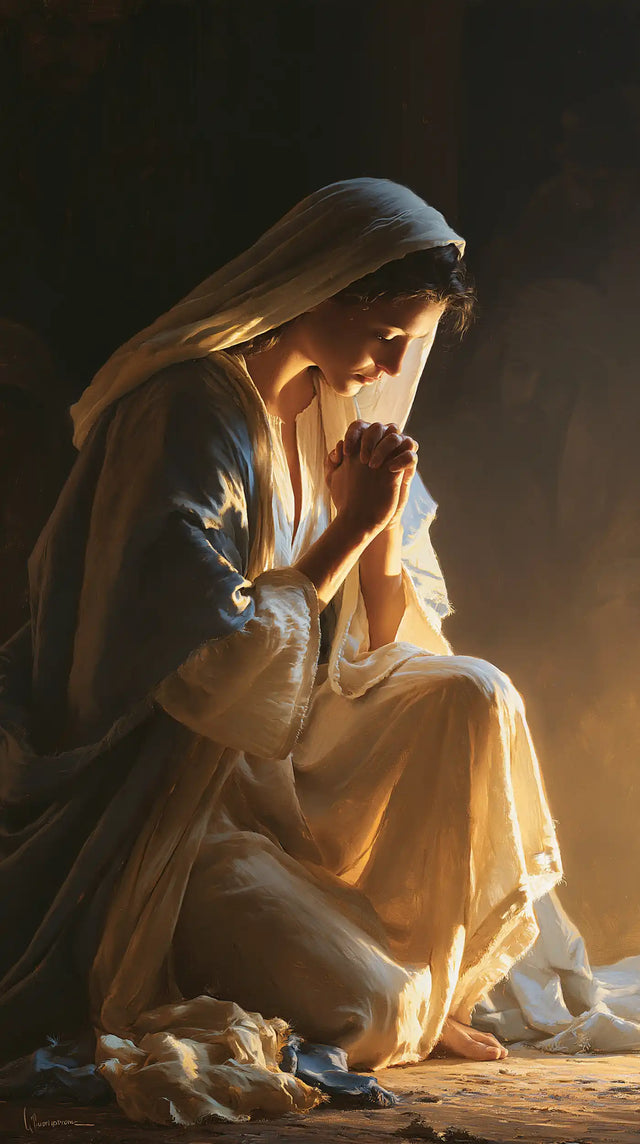 Virgin Mary in Prayer — The Knee in Copper Light