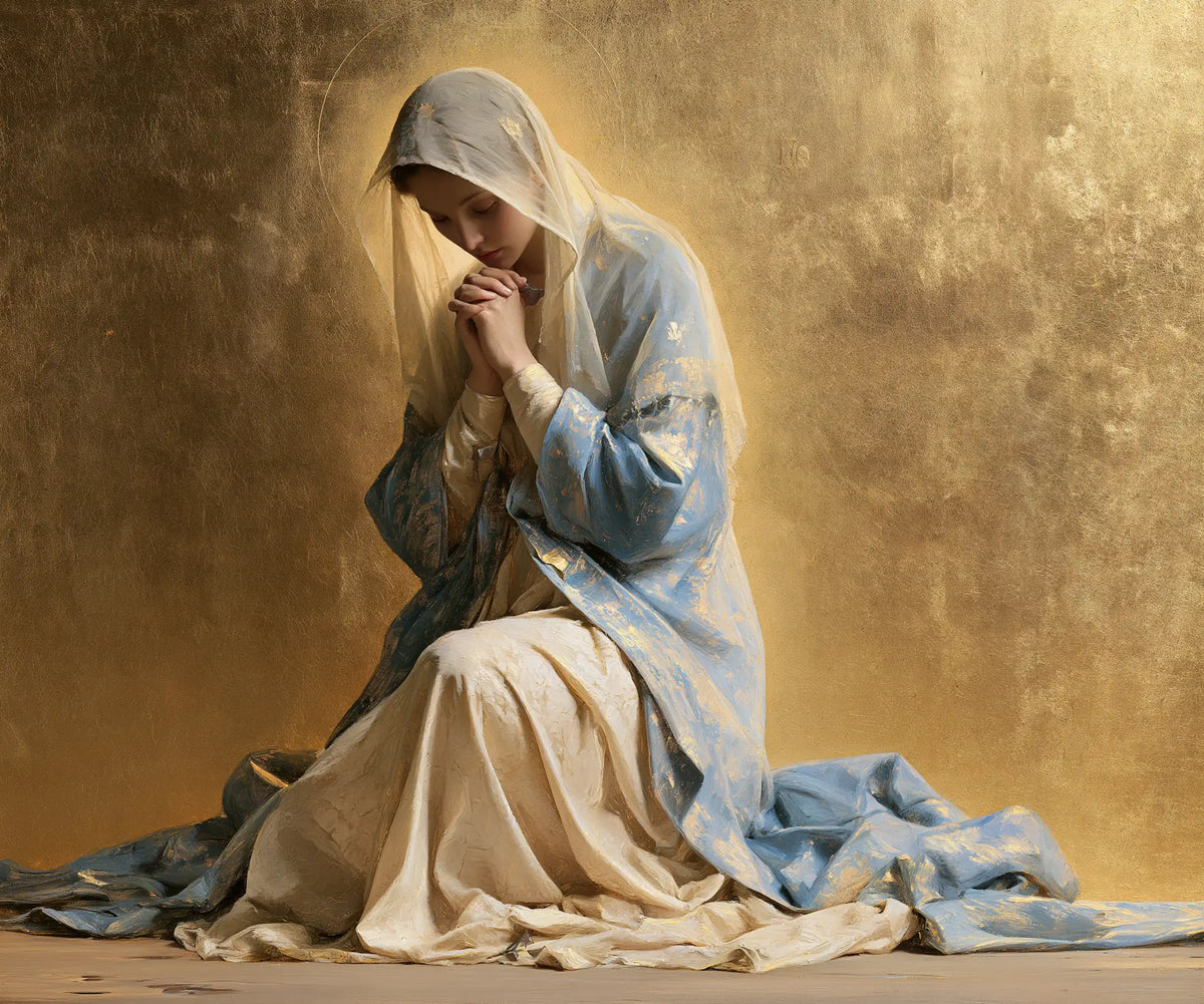 Virgin Mary in Prayer — The Grey Veil in Golden Softness