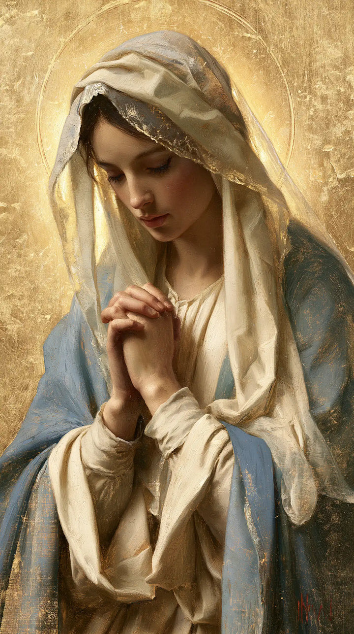 Virgin Mary in Prayer — The Peaceful Face against Chiselled Gold
