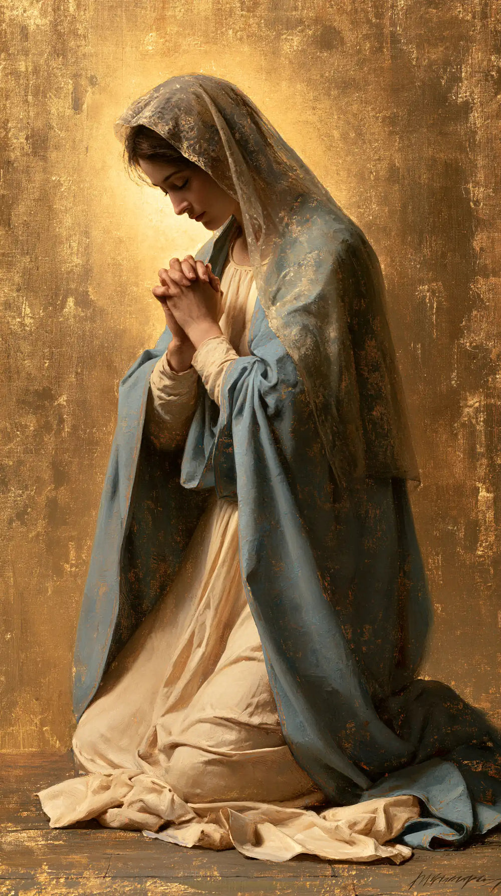 the Virgin Mary in prayer in Sacred Gold style, portrait Christian artwork no. 24