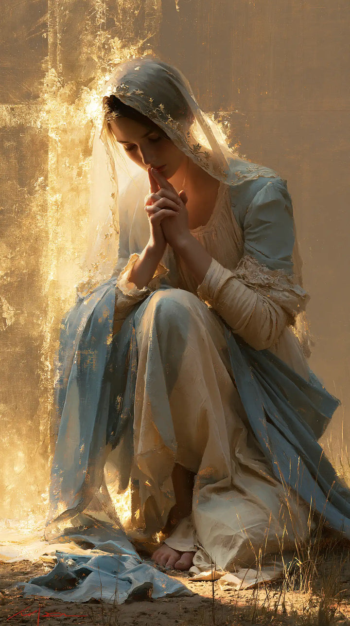Virgin Mary in Prayer — The Pale Knee beside Streaming Gold
